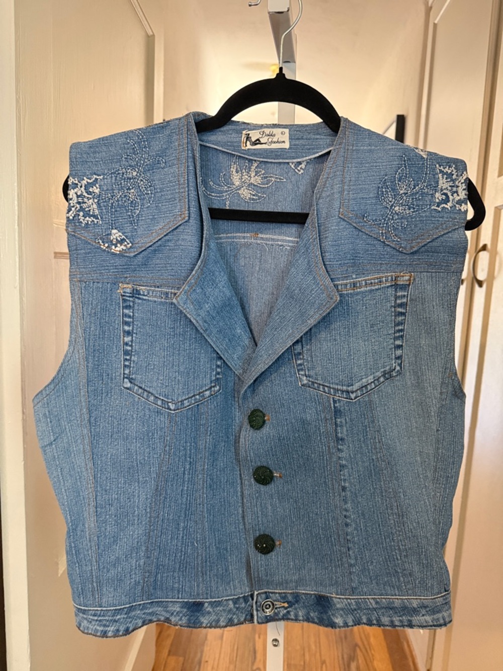 Vintage Dalila Fashion Light Blue Denim Vest with Embroidered Shoulders